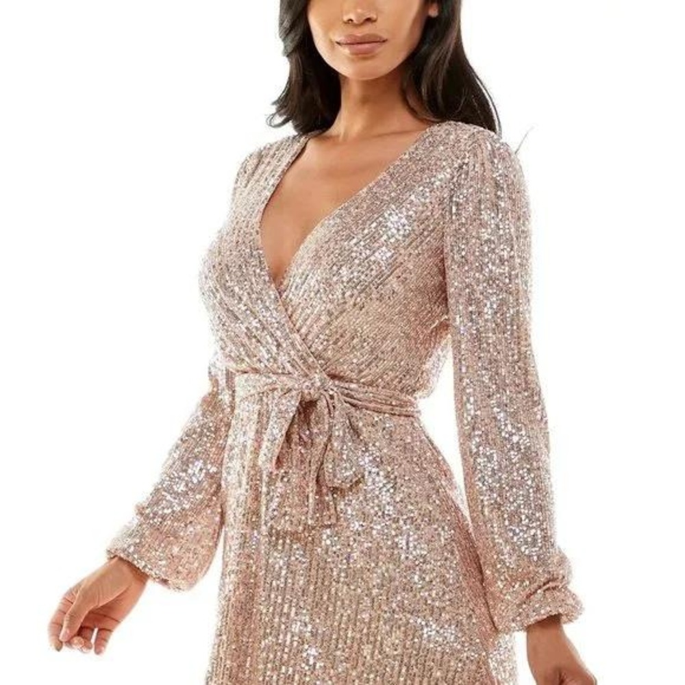Sequin Rose Gold Wrap Dress Long Sleeve V Neck Party‎ Emerald Sundae